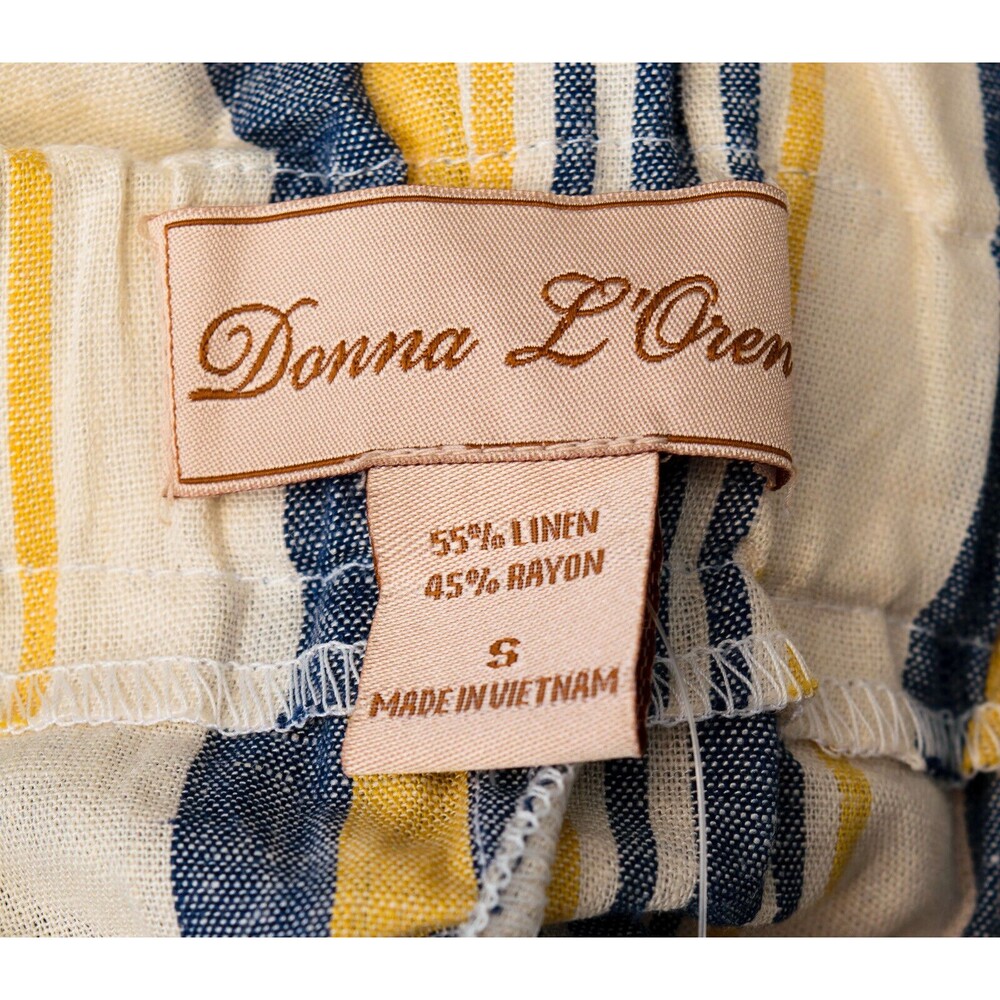 Donna L'oren Mustard Navy Beige Striped Gathered Baggy Paperbag Tied Shorts Sz S - Picture 3 of 3